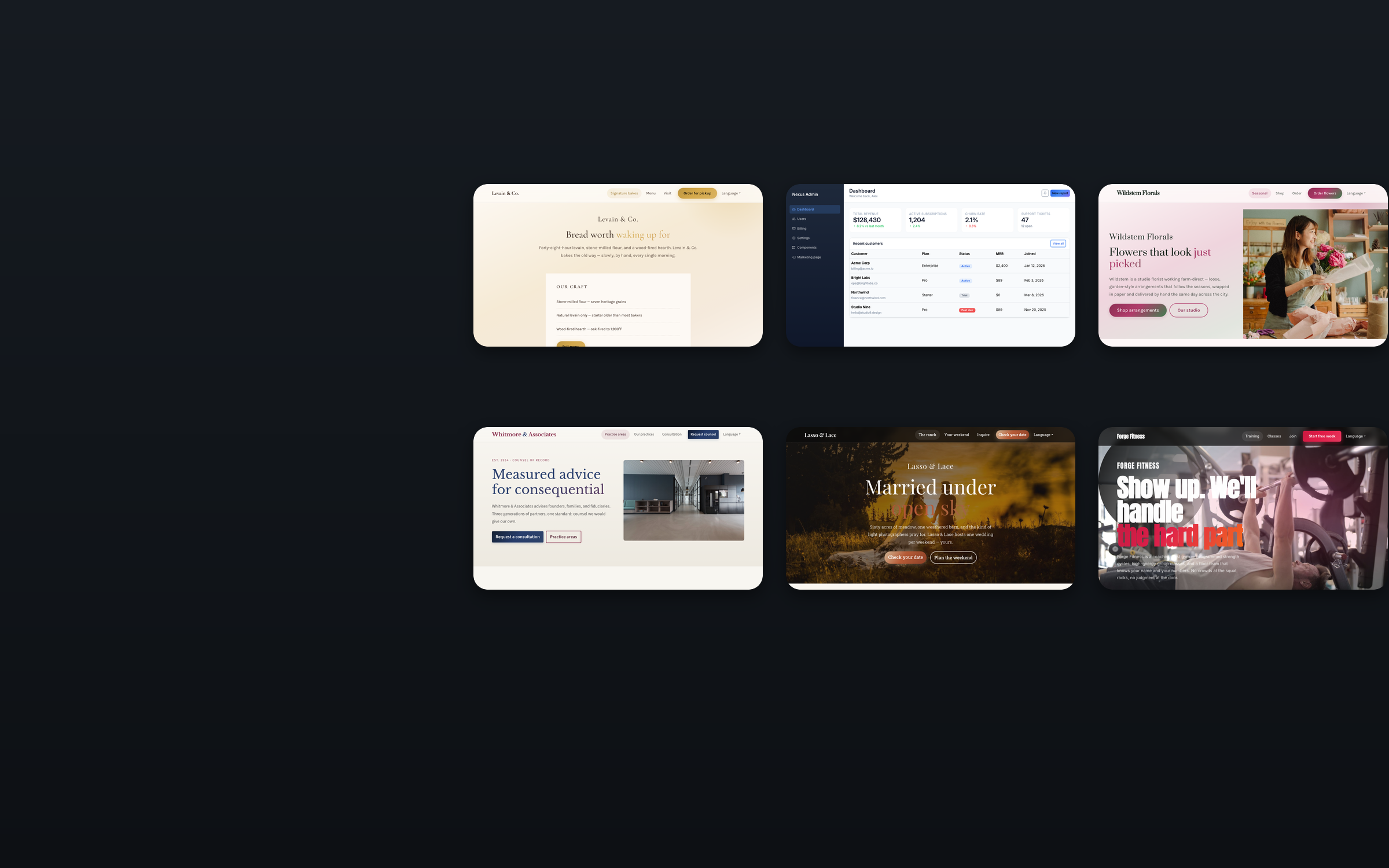Six Bootify Bootstrap theme homepages on a dark background